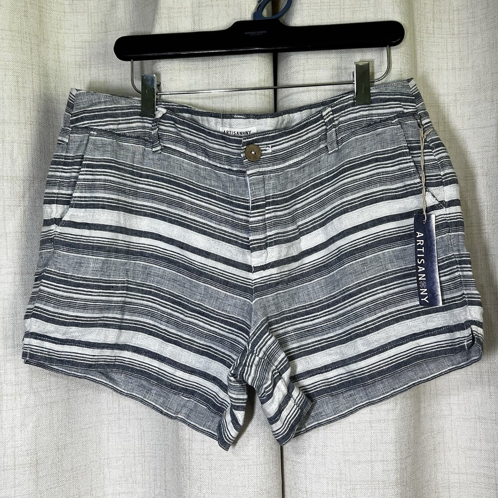 New! Artisan NY Womens‎ 10 100% Linen Shorts Blue Stripe Coastal Beachy Vacation
